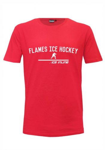 red t-shirt with flames ice hockey in text over the chest.