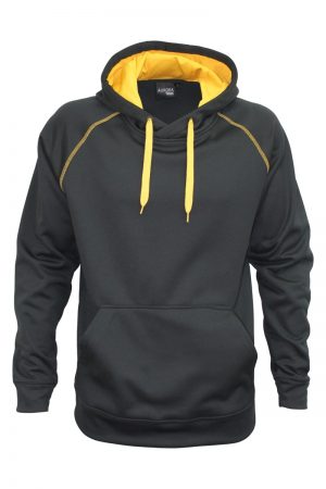 kids performance hoodie in black and gold, click to purchase, with multiple colour options.